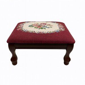 Mahogany Footstool Floral Needlepoint Cushion Foot Rest Vintage Flowers Burgandy